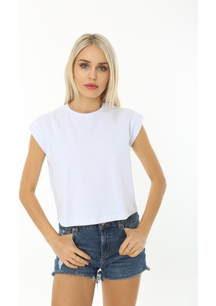 Kadın Kolsuz T Kol Detaylı T-Shirt Bluz Beyaz