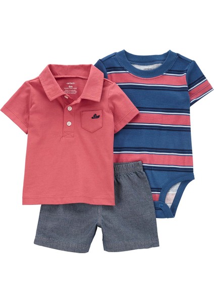 Erkek Bebek Alt Üst Set 3'lü Paket Kırmızı
