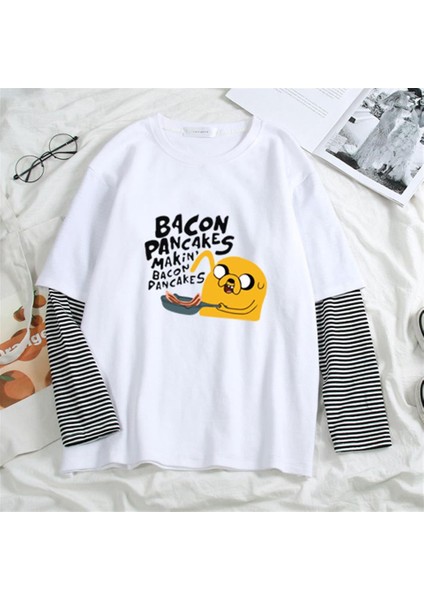 Bacon Pancakes Baskılı Fake Sleeves Beyaz T-Shirt