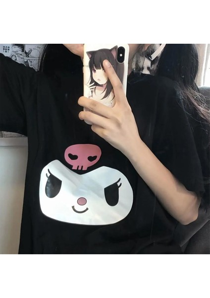 Kuromi Face Baskılı Siyah Oversize T-Shirt