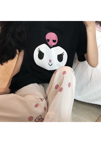 Kuromi Face Baskılı Siyah Oversize T-Shirt