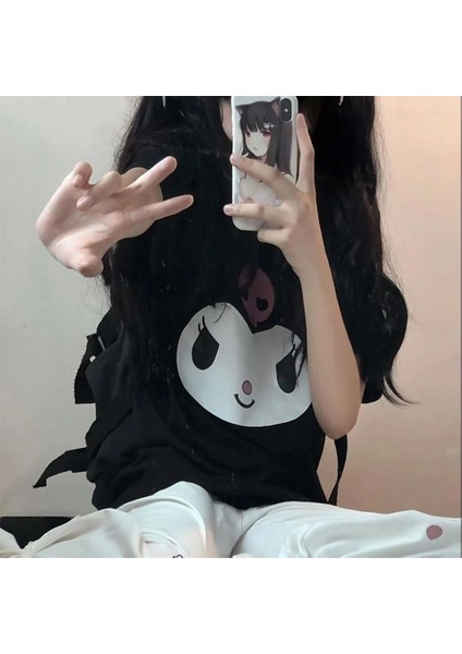 Kuromi Face Baskılı Siyah Oversize T-Shirt