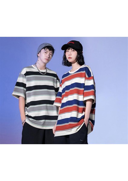 Kırmızı Mavi Çizgili Beyaz Oversize T-Shirt