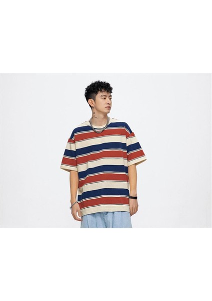Kırmızı Mavi Çizgili Beyaz Oversize T-Shirt modelleri