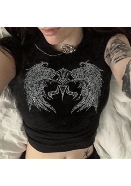 Winged Diamond Baskılı Siyah Crop