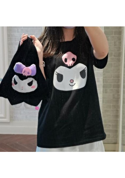 Kuromi Face Baskılı Siyah Oversize T-Shirt