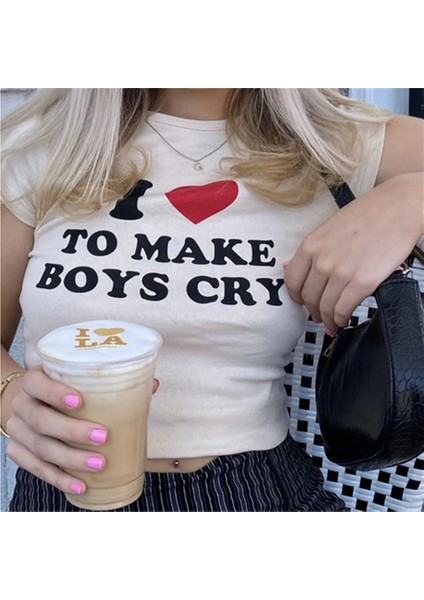 I Love To Make Boys Cry Baskılı Beyaz Crop