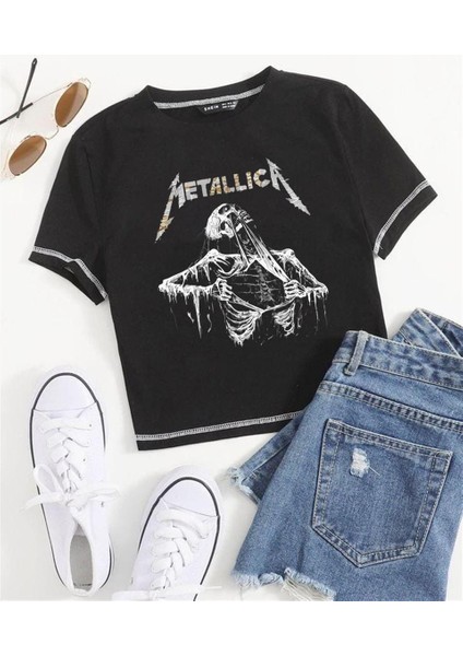 Metallica Skeleton Baskılı Ters Dikiş Siyah Crop