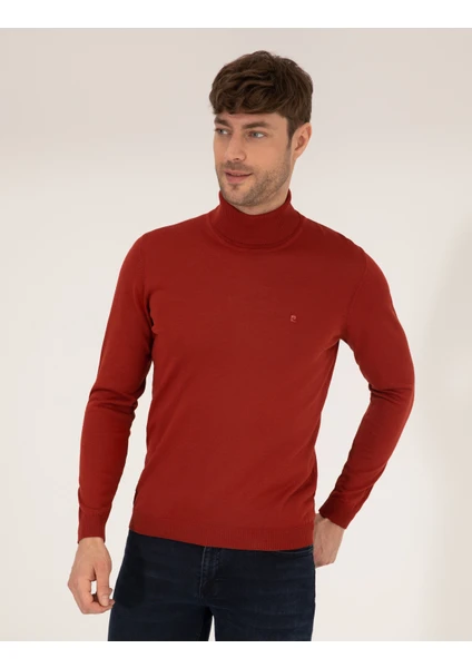 Pierre Cardin Erkek Kiremit Slim Fit Balıkçı Yaka Yün Karışımlı Basic Triko Kazak 50257302-VR031