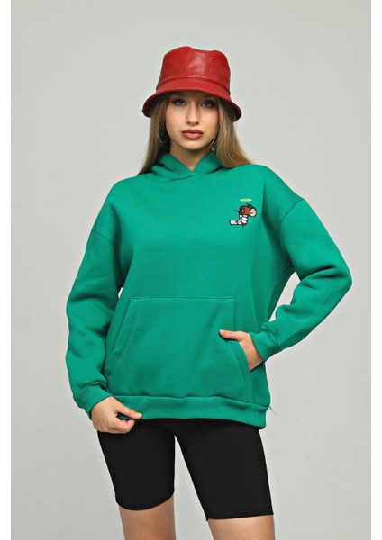 Fancy Kadın Kapüşonlu Yumuşacık İçi Pamuklu Göğsü Nakışlı Kanguru Cepli Sweatshirt