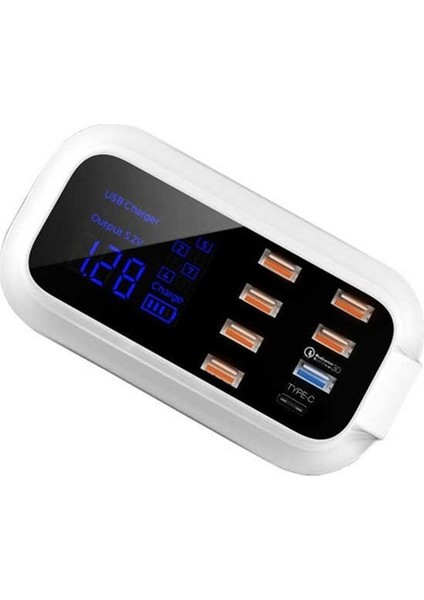 LCD Ekranlı 7 Port USB 1 Port Type+C Hızlı Şarj Ünitesi