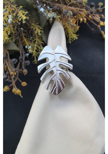 6 Adet Gümüş Tropical Leaf Metal Peçete Halkası - Napkin Ring