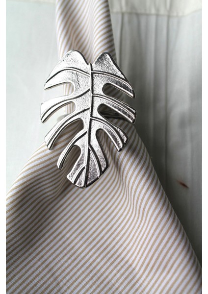 6 Adet Gümüş Tropical Leaf Metal Peçete Halkası - Napkin Ring