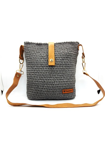 Handmade El Örgüsü Iç Cepli Gri Kadın Askılı Omuz Çanta