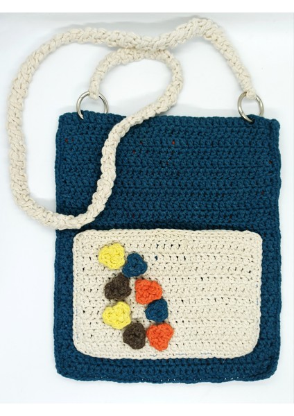 Handmade El Örgüsü Lacivert Krem Çiçekli Kadın Çift Gözlü Askılı Kol Çanta