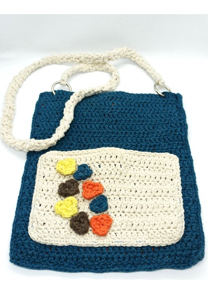 Handmade El Örgüsü Lacivert Krem Çiçekli Kadın Çift Gözlü Askılı Kol Çanta fiyatları