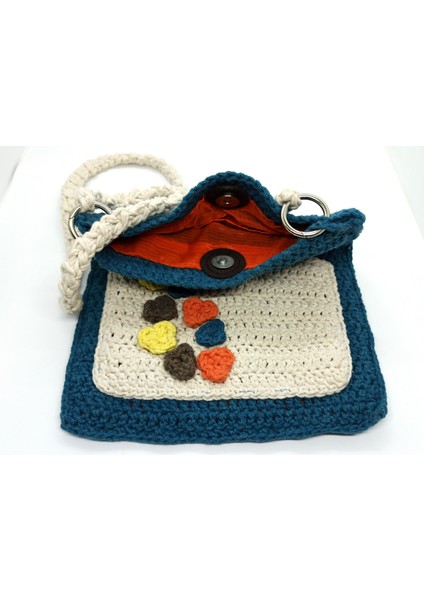 Handmade El Örgüsü Lacivert Krem Çiçekli Kadın Çift Gözlü Askılı Kol Çanta fırsatları