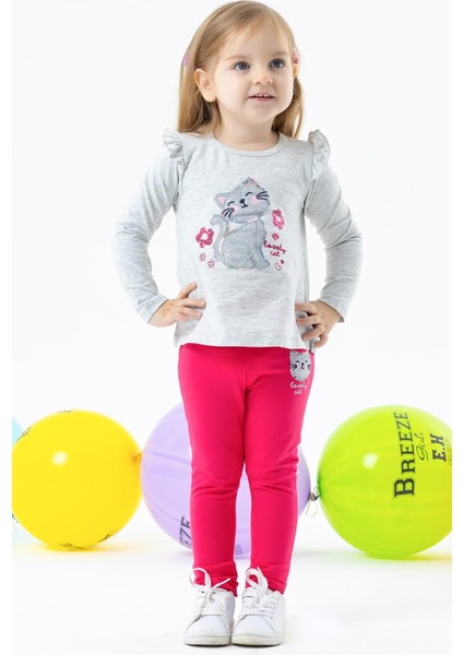 Kız Bebek Taytlı Takım Pullu Kedicik Baskılı 9 Ay-3 Yaş, Açık Gri Melanj