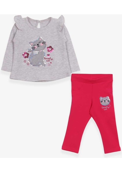 Kız Bebek Taytlı Takım Pullu Kedicik Baskılı 9 Ay-3 Yaş, Açık Gri Melanj modelleri