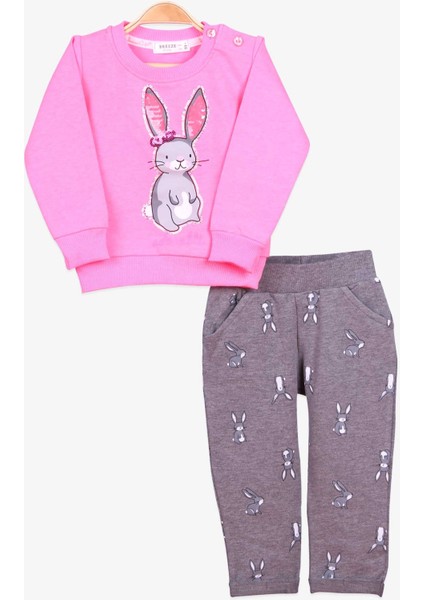 Kız Bebek Eşofman Takımı Tavşan Baskılı Pullu 9 Ay-3 Yaş, Neon Pembe