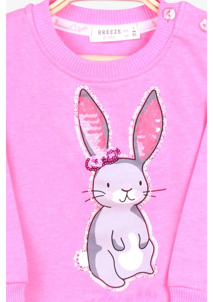 Kız Bebek Eşofman Takımı Tavşan Baskılı Pullu 9 Ay-3 Yaş, Neon Pembe