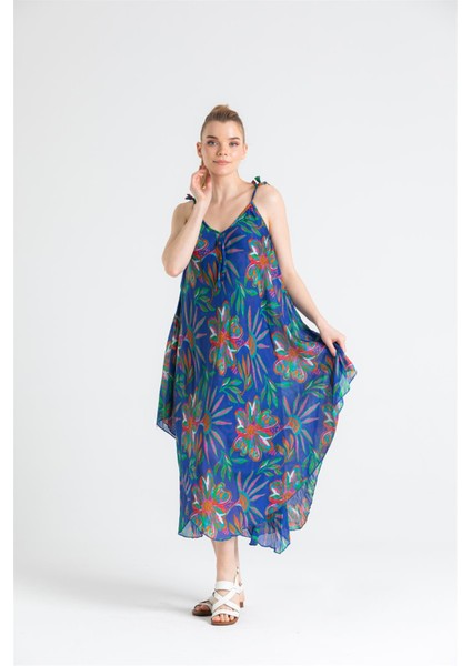 Askılı Vual Afrodit Midi Boy Yazlık Elbise Saks 6192