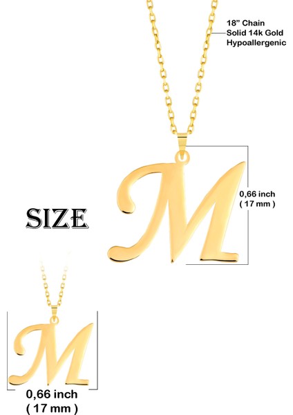 Kadın 14 Ayar Altın Harf Kolye El Işi M Harfi Altın Kolye Zincirli Harf Kolye 42 cm