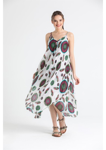 Askılı Vual Afrodit Midi Boy Yazlık Elbise Yeşil-Beyaz 6197