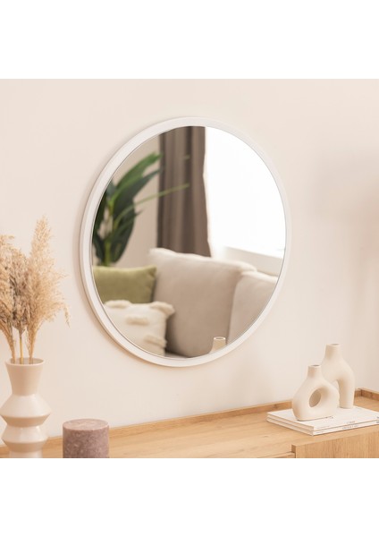 Beyaz Mdf Yuvarlak Duvar Salon Banyo Aynası 80X80 cm
