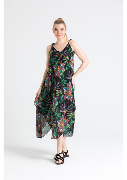 Askılı Vual Afrodit Midi Boy Yazlık Elbise Etnik Siyah 6193