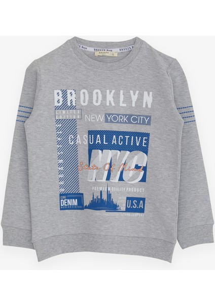 Erkek Çocuk Sweatshirt Yazı Baskılı 7-12 Yaş, Açık Gri Melanj