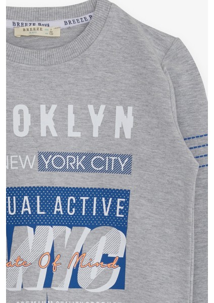 Erkek Çocuk Sweatshirt Yazı Baskılı 7-12 Yaş, Açık Gri Melanj