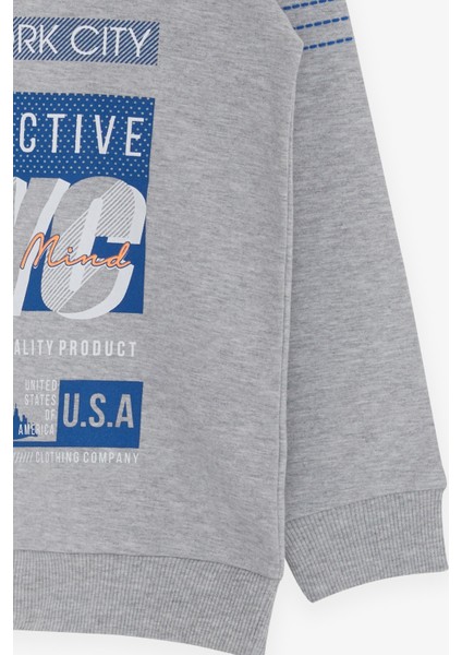 Erkek Çocuk Sweatshirt Yazı Baskılı 7-12 Yaş, Açık Gri Melanj