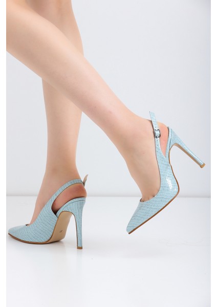 Bebe Mavisi Yılan Derisi Desenli Stiletto Sivri Burun Kadın Topuklu Ayakkabı