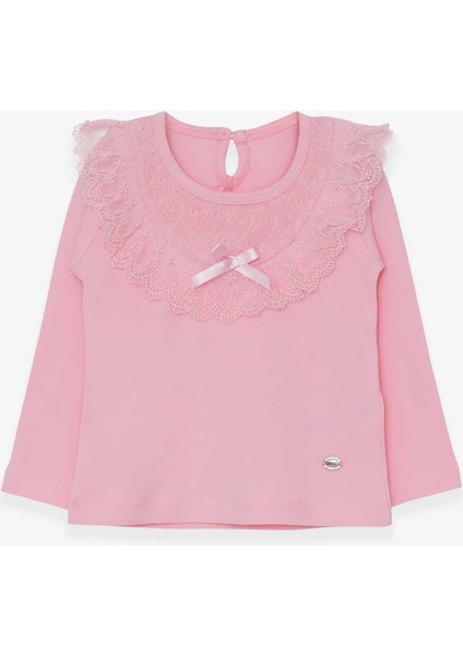 Kız Çocuk Uzun Kollu Tişört Fiyonklu Güpürlü 1.5-5 Yaş, Pudra