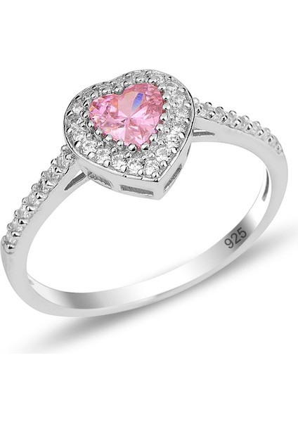Gümüş Rodyumlu Pırlanta Modeli Pembe Taşlı Kalp Yüzük