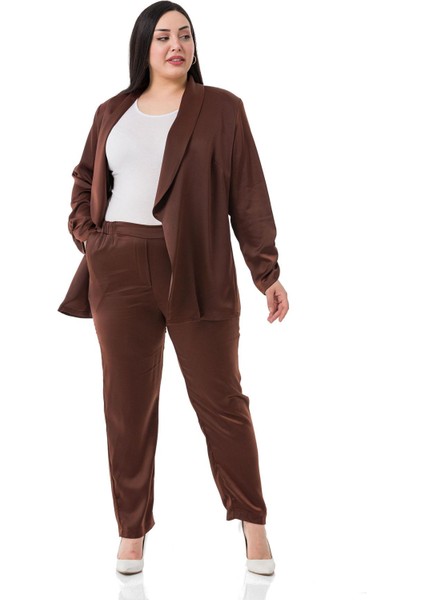 Büyük Beden Yanı ve Arkası Lastikli Cepli Saten Kahverengi Pantolon fiyatları