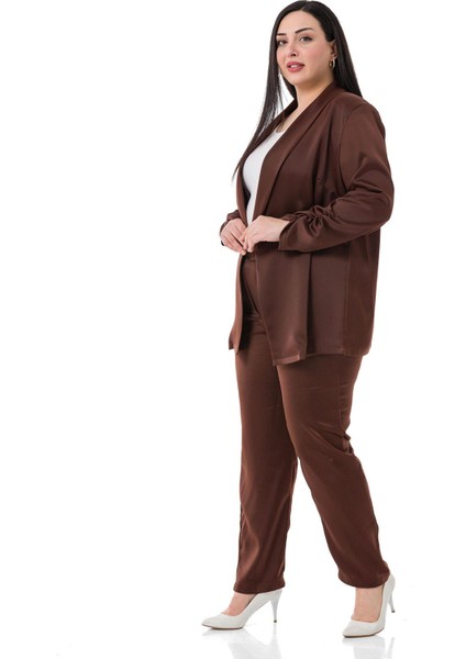 Büyük Beden Yanı ve Arkası Lastikli Cepli Saten Kahverengi Pantolon fırsatları