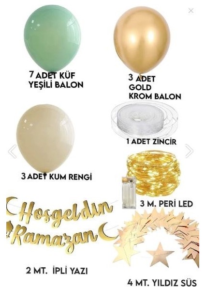 Hoşgeldin Ramazan Gold Yazı Ledli Zincir Balon Seti, Ramazan Ayı Süsleme Seti