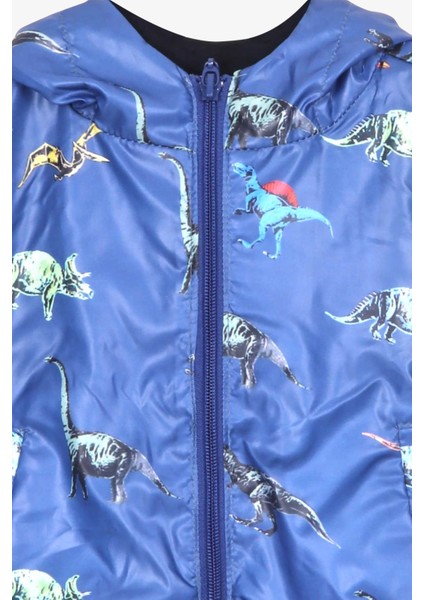 Erkek Çocuk Yağmurluk Dinozor Desenli 1-6 Yaş, Saks Mavisi