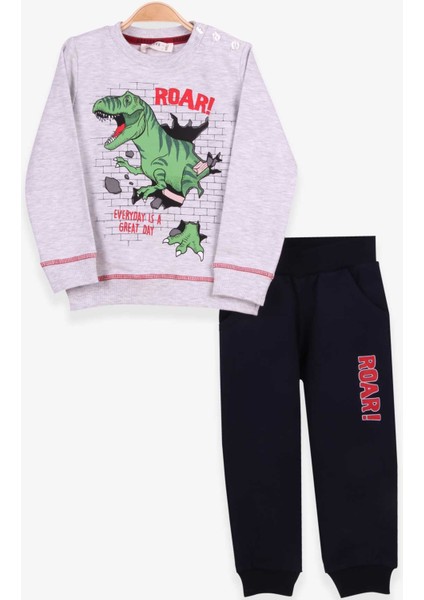 Erkek Çocuk Eşofman Takımı Dinozor Baskılı 1.5-5 Yaş, Açık Gri Melanj