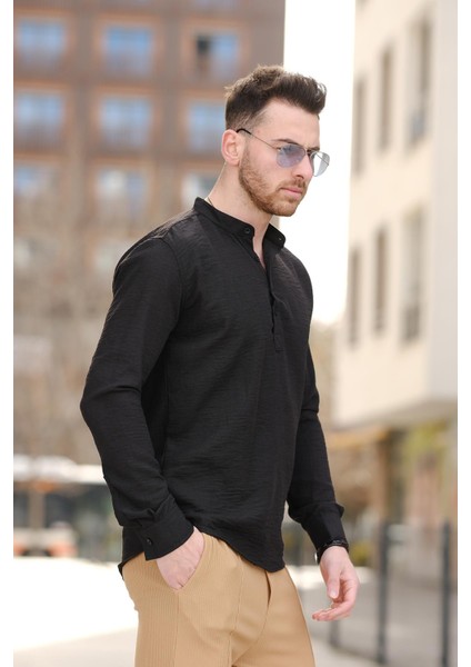 Zareh Slim Fit Kırınkıl Desen Yarım Pat Hakim Yaka Erkek Gömlek modelleri