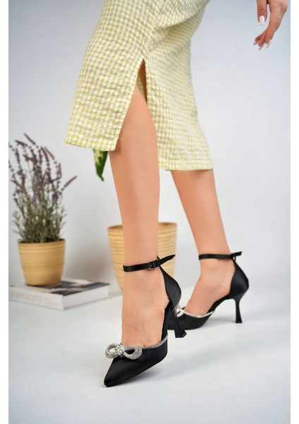 Kadeh Ökçeli Arkası Kapalı Taşlı Siyah Saten Kadın Stiletto fiyatları