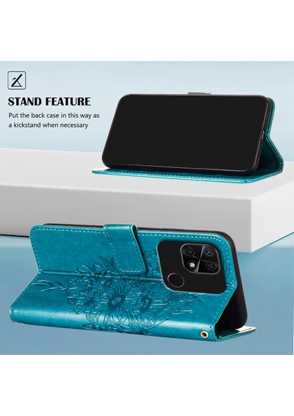 Redmi 10C Için Kelebek Pu Deri Çevirmeli Cüzdan Stand Telefon Kılıfı - Mavi (Yurt Dışından)