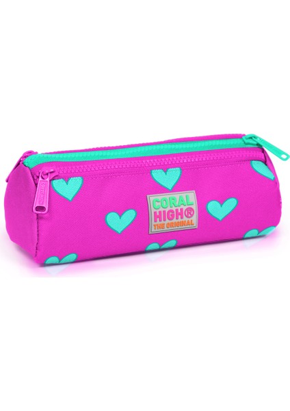 Coral High Kids Neon Pembe Su Yeşili Kalp Desenli Üç Bölmeli Kalem Çantası 22317