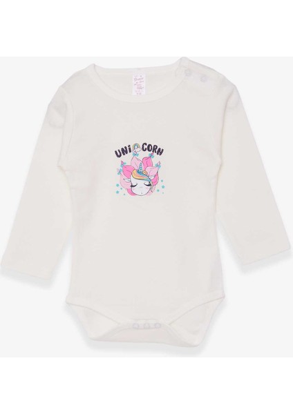 Kız Bebek Çıtçıtlı Body Baskılı Unicorn 9 Ay-3 Yaş, Ekru