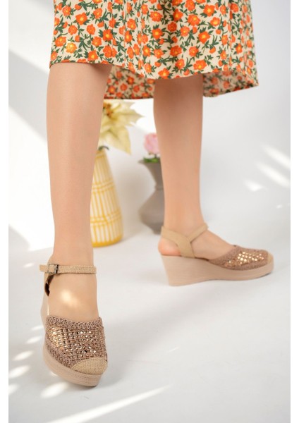 Dolgu Taban Arka Açık Vizon Taşlı Kadın Ayakkabı modelleri