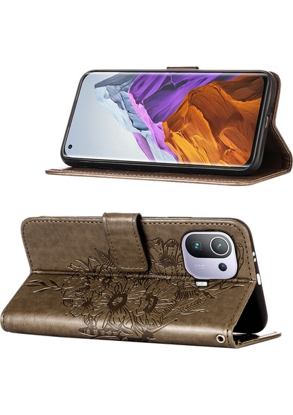 Mi 11 Pro Için Kelebek Pu Deri Çevirmeli Cüzdan Stand Telefon Kılıfı - Gri (Yurt Dışından)
