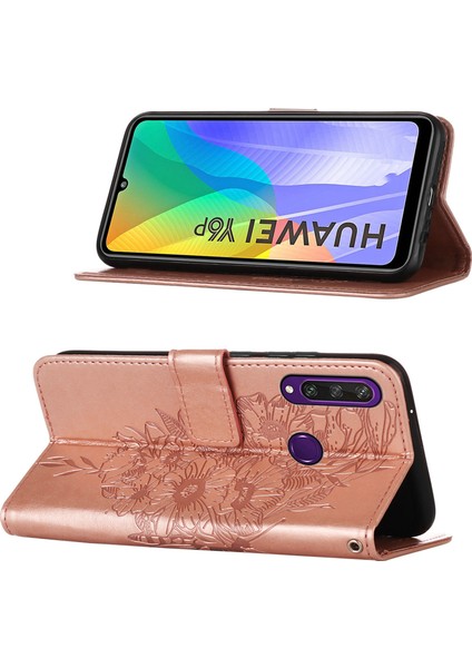 Huawei Y6P Için Kelebek Pu Deri Çevirmeli Cüzdan Stand Telefon Kılıfı - Rose Gold (Yurt Dışından)
