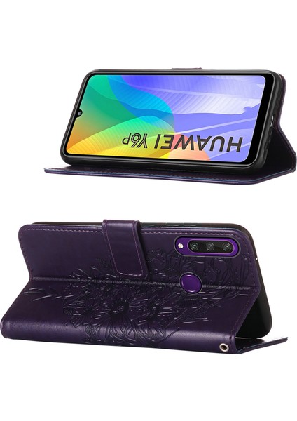 Huawei Y6P Için Kelebek Pu Deri Çevirmeli Cüzdan Stand Telefon Kılıfı - Mor (Yurt Dışından)